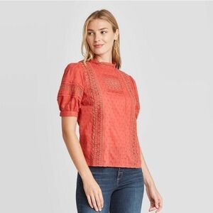 NWT Target Universal Thread Mock Neck Puff Sleeve Lace Blouse